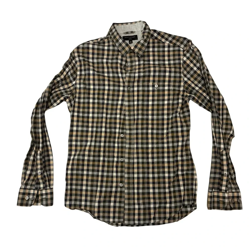 Banana‎ Republic Slim Fit Button Down Shirt Mens M Gingham Black Tan Cotton